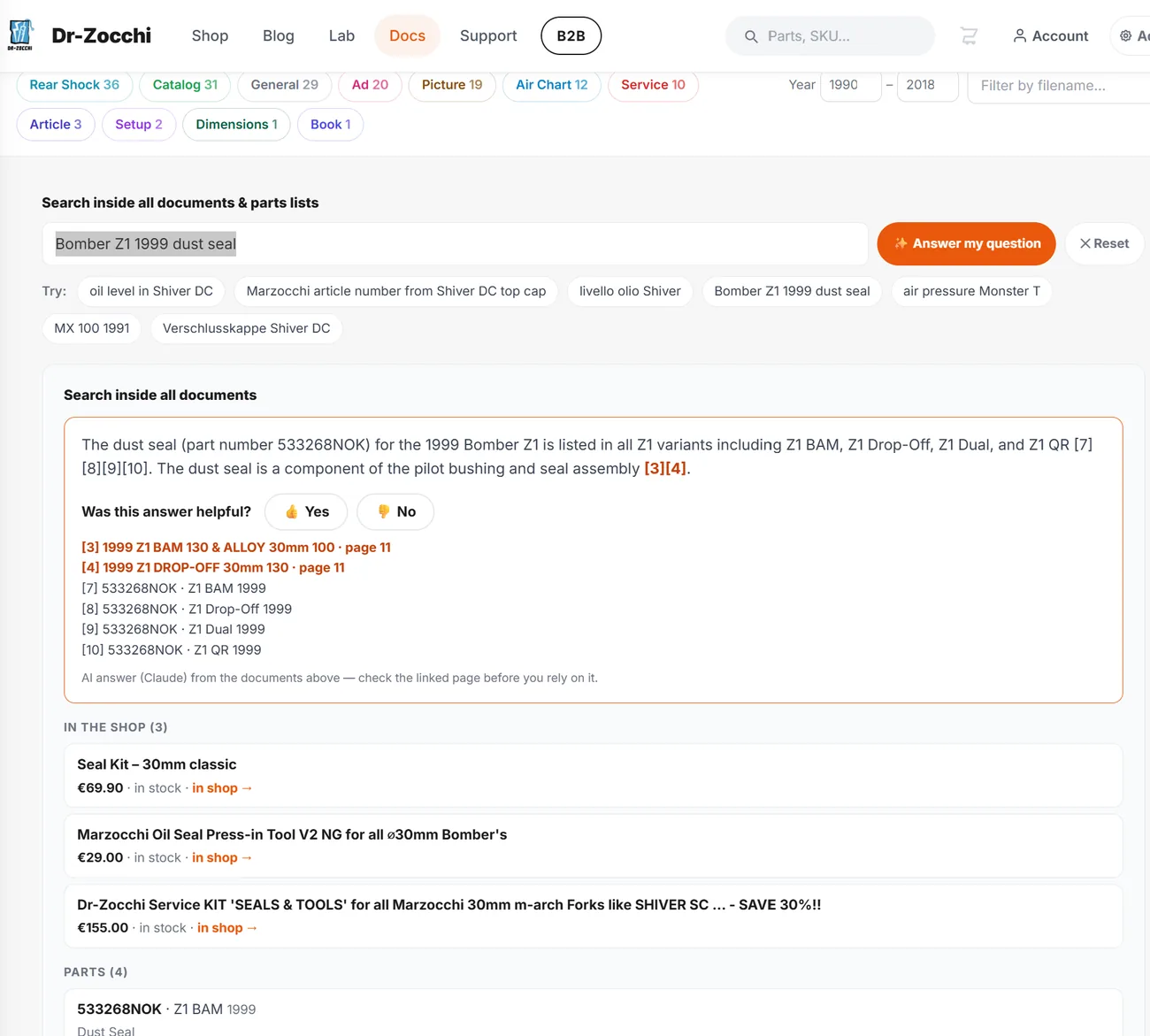 Dr-Zocchi document search: AI answer for Bomber Z1 1999 dust seal with part number, numbered sources, vote buttons and matching shop products